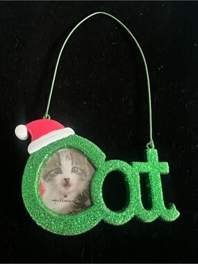 Hallmark Green Glitter 'Cat' Photo Ornament with Red Santa Hat